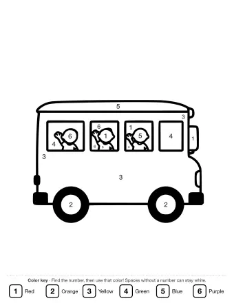 Line drawing of a bright yellow school bus with three children waving from the side windows, two large wheels, and a front bumper.