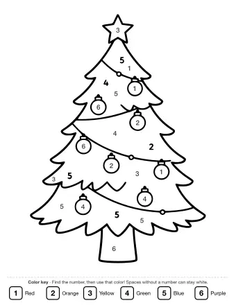 Black-and-white line drawing of a Christmas tree with a star on top, round ornaments, and small numbers scattered across the branches for a color-by-number activity.
