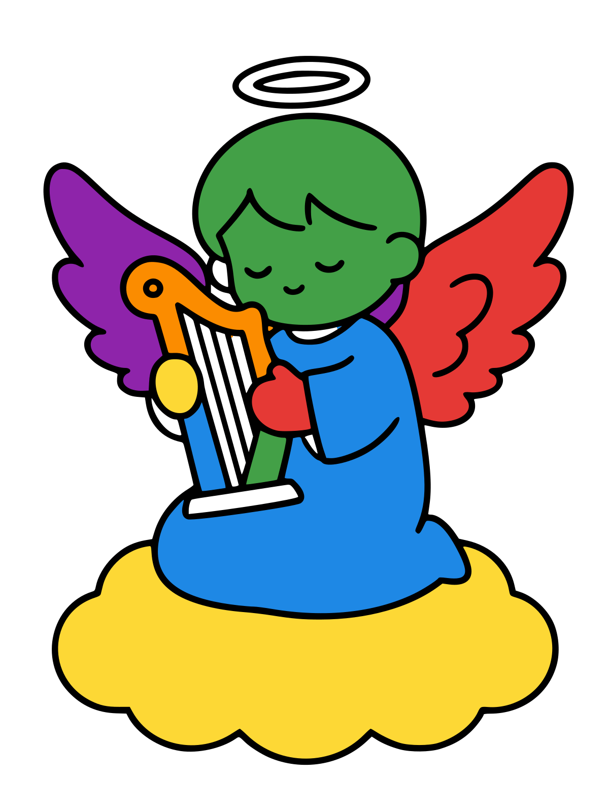 Line drawing of a small angel with a halo and feathered wings, eyes closed, playing a harp while seated on a cloud.