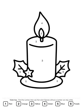 Line drawing of a tall candle with a single flame in a round holder, with holly leaves on each side and a small star at the base.