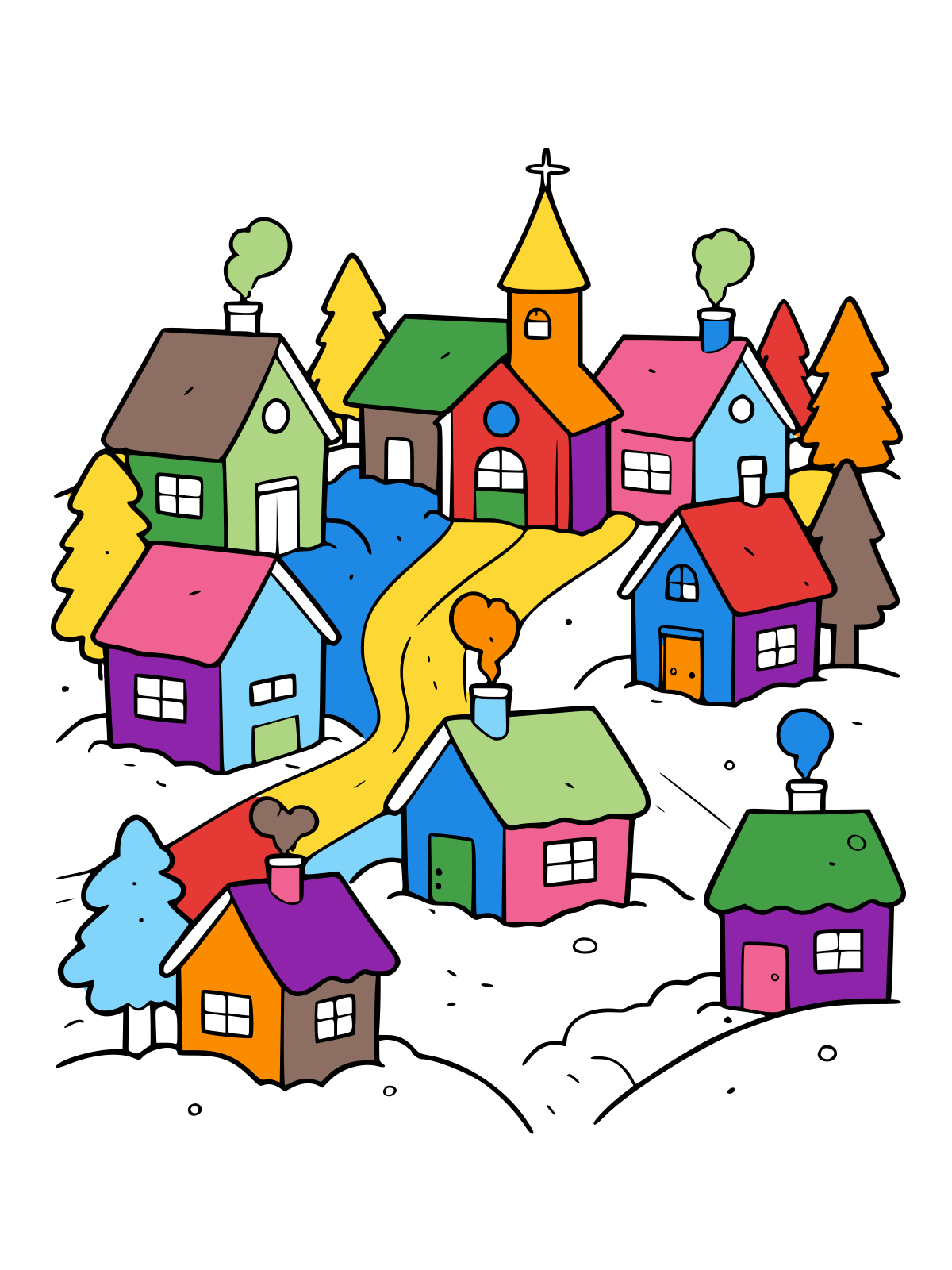 Line drawing of a snowy village on a hill with five small houses, a church with a steeple, pine trees, a winding road and smoking chimneys.