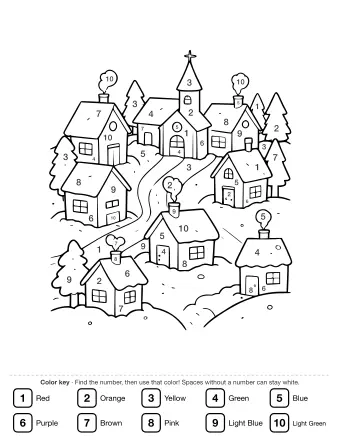 Line drawing of a snowy village on a hill with five small houses, a church with a steeple, pine trees, a winding road and smoking chimneys.