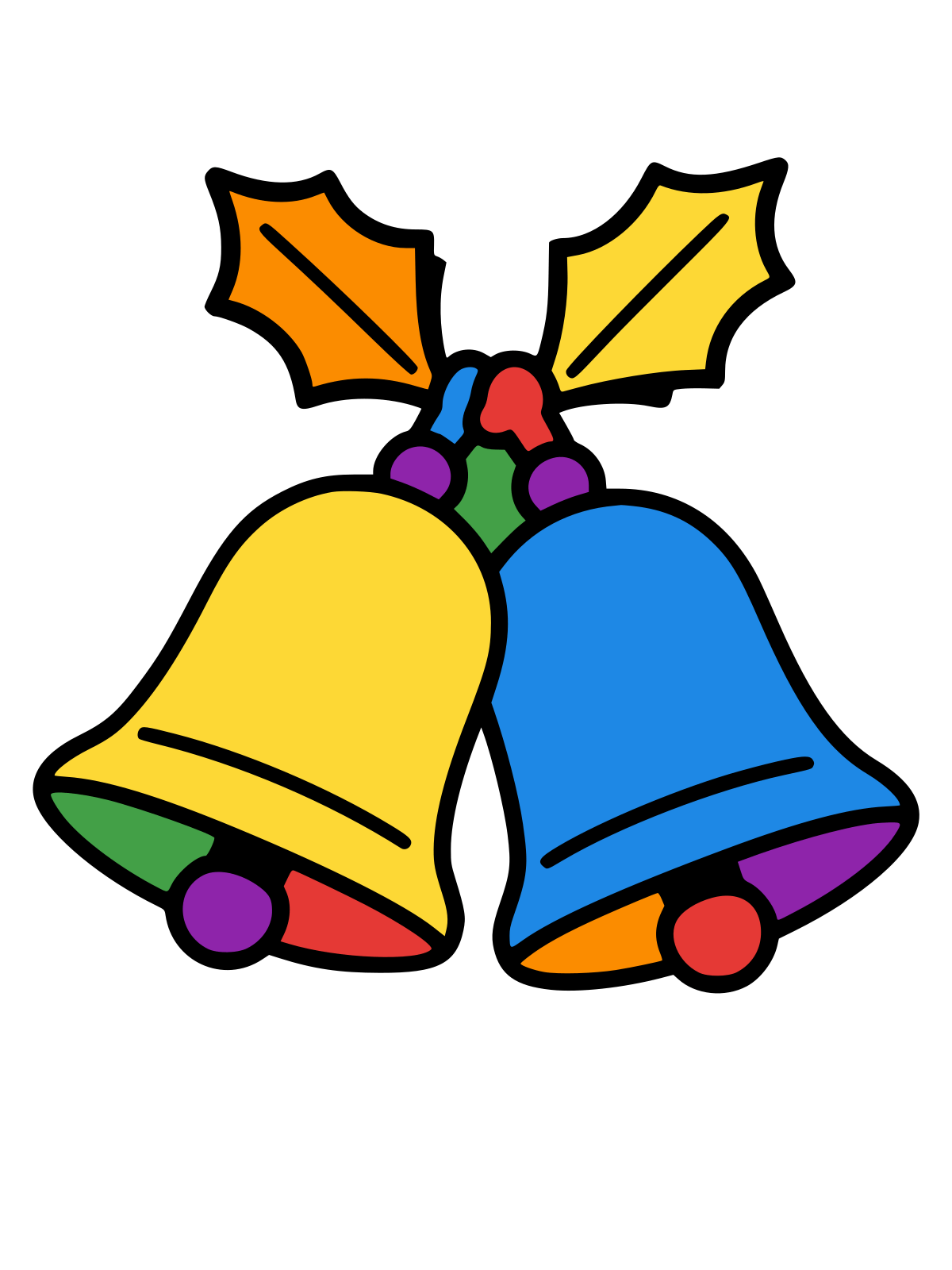 Line drawing of two large jingle bells tied together with a ribbon, with two holly leaves and a small cluster of berries at the top.