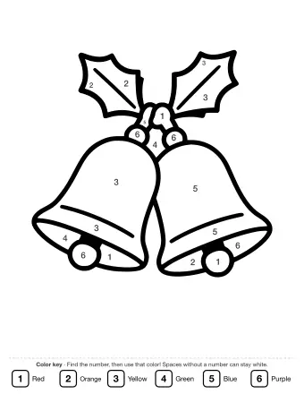 Line drawing of two large jingle bells tied together with a ribbon, with two holly leaves and a small cluster of berries at the top.