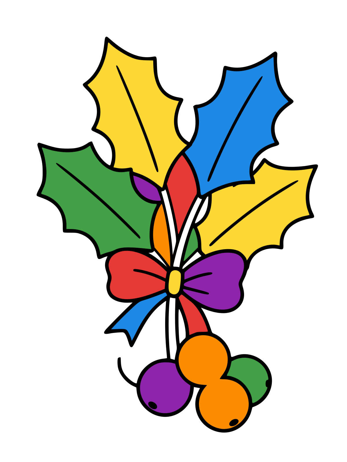 Line drawing of a sprig of holly leaves and berries tied with a ribbon bow, with a cluster of three round berries hanging below.