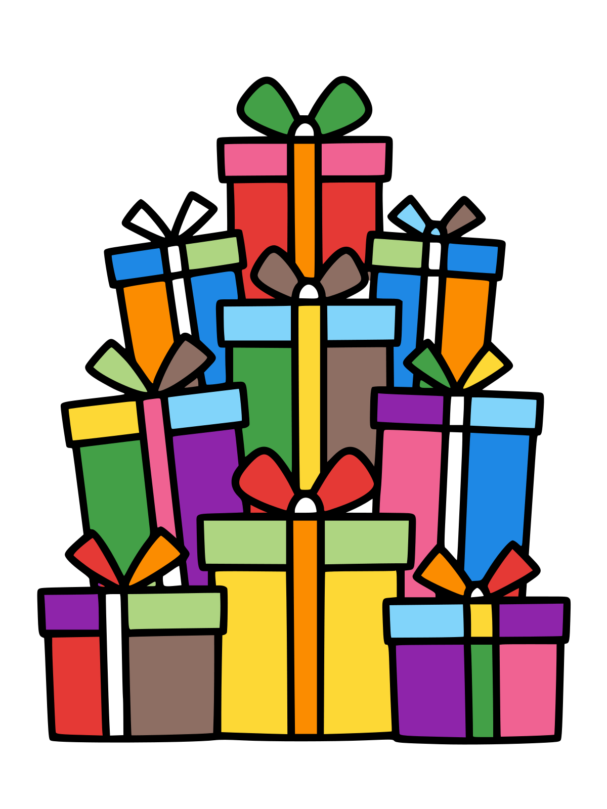 Line drawing of a tall pile of wrapped presents of different sizes, each tied with a ribbon and a bow.