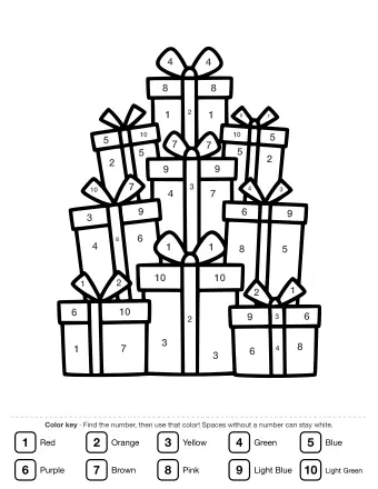 Line drawing of a tall pile of wrapped presents of different sizes, each tied with a ribbon and a bow.