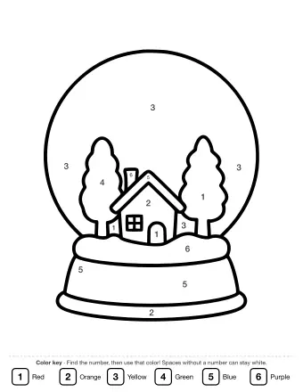Line drawing of a round snow globe holding a small house with a chimney between two trees, standing on a wide base.