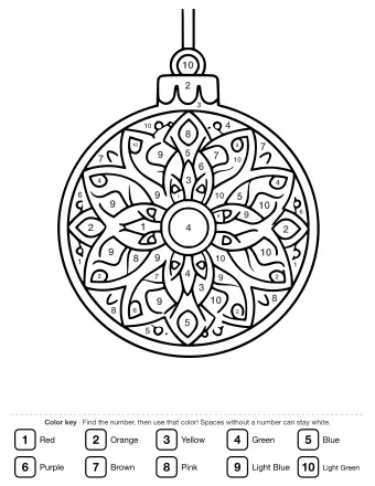 Black and white line drawing of a round Christmas ornament with a complex, symmetrical pattern inside, suitable for older kids.