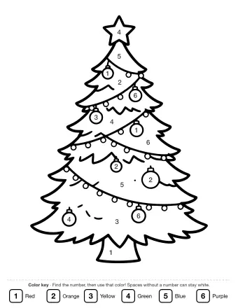 Black-and-white line drawing of a tall Christmas tree with a star topper, round ornaments, and small light bulbs hanging from the branches.
