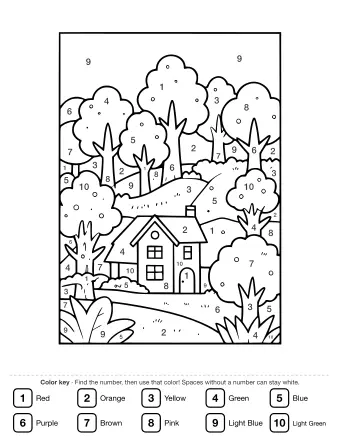 Black and white line drawing of a two-story cottage with a chimney, surrounded by tall trees with round canopies, bushes, and rolling hills.