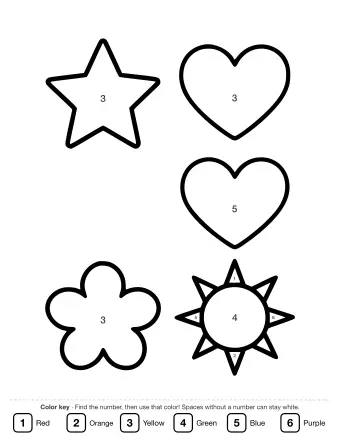 Black-and-white line drawing of a five-pointed star, two hearts, a five-petal flower, and a sun with rays, arranged in a two-by-two grid.