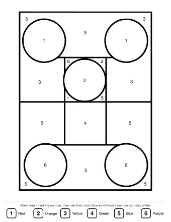 Black and white line drawing of a large square divided into a grid, with five circles placed in the corners and center, and numbered sections for young children.