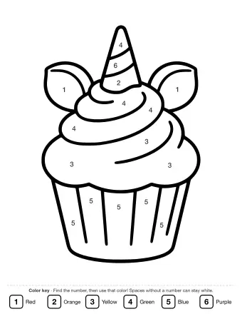 Line drawing of a cupcake in a fluted paper liner topped with swirled frosting, a striped unicorn horn, and two small ears.