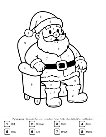 Schwarz-weißes Ausmalbild von Weihnachtsmann, der auf einem Holzsessel sitzt, einen Sack mit Spielzeug in der Hand hält und neben sich einen großen Geschenksack abgestellt hat.