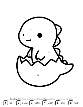 Black and white line drawing of a cute baby dinosaur with a round head and small smile hatching from a cracked eggshell.