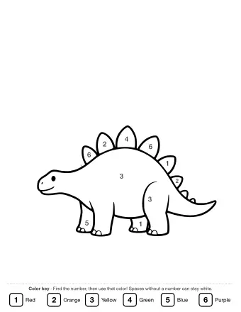 Black-and-white line drawing of a Stegosaurus facing left, showing a row of rounded plates along its back and four spikes on its tail.