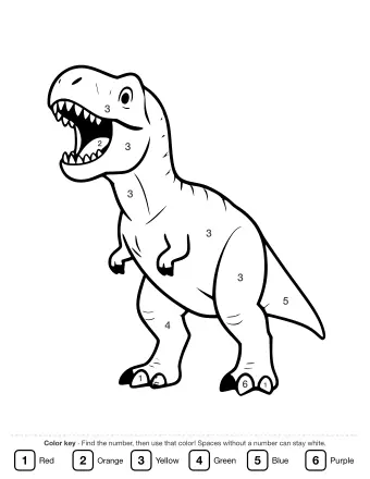 Black and white line drawing of a T-Rex roaring with its mouth open, showing sharp teeth, standing on two legs with small arms and a long tail.