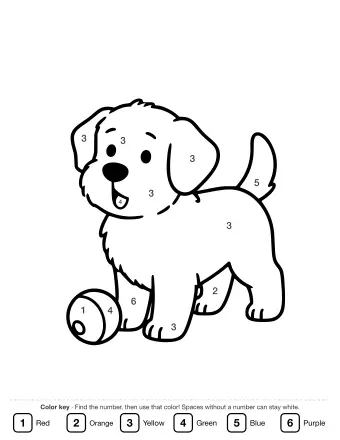 Black-and-white line drawing of a golden retriever puppy sitting and looking at a ball on the ground, with floppy ears and a curled tail.