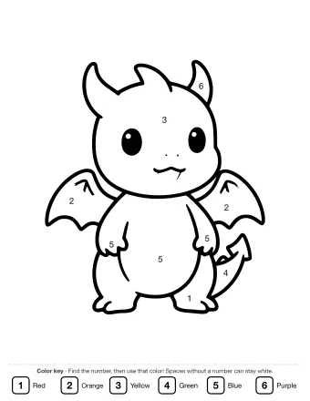 Black and white line drawing of a cute baby dragon with small wings, a friendly smile, and a short tail, standing on two feet.