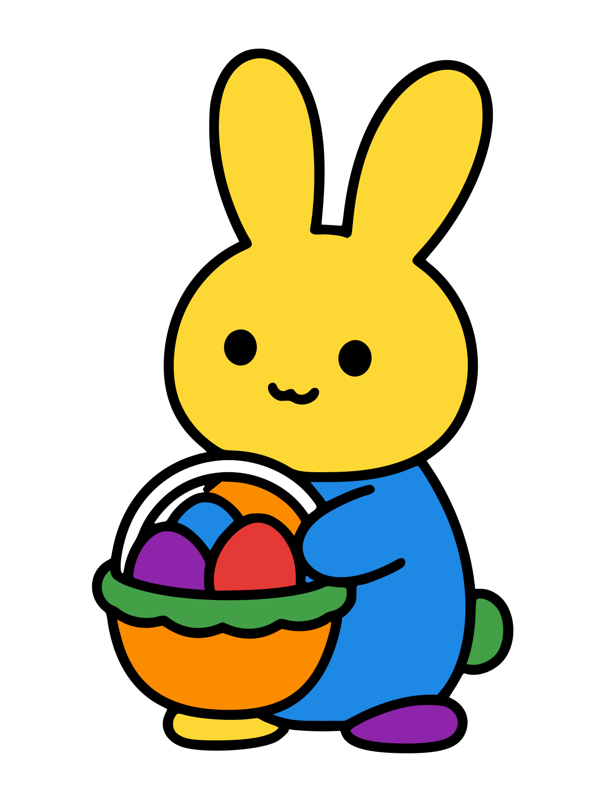 Black and white line drawing of a smiling Easter bunny with long ears holding a woven basket filled with three decorated eggs.