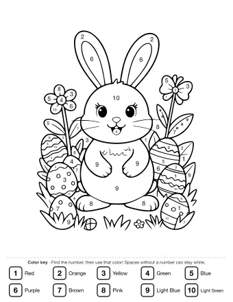 Line drawing of a smiling bunny with long ears sitting in a grassy garden surrounded by decorated Easter eggs and two tall spring flowers.