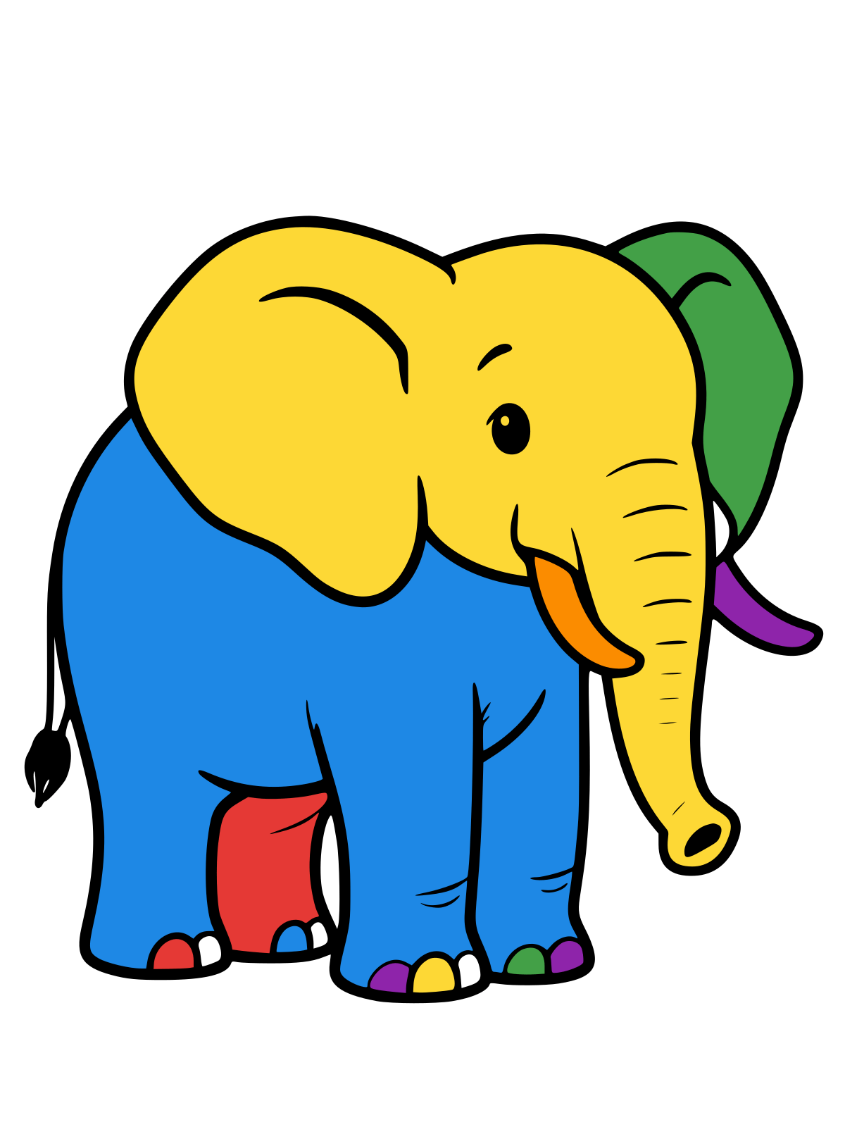 Black-and-white line drawing of an African elephant standing in side view, with large rounded ears, a long trunk curving down, and a small tail with a tuft.