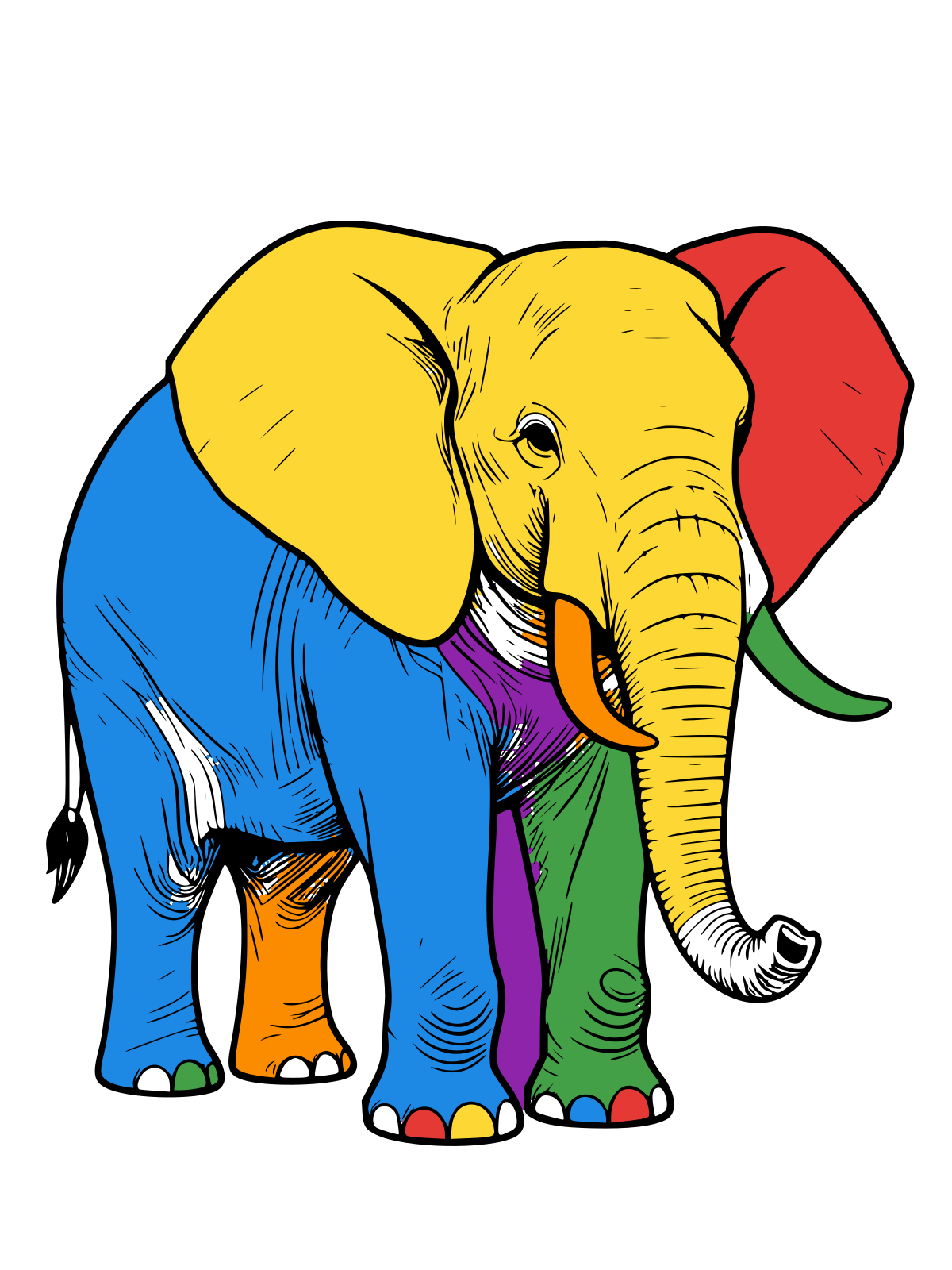 Black-and-white line drawing of a realistic elephant in side view, showing large ears, curved tusks, a long trunk, wrinkled skin, and a tufted tail.