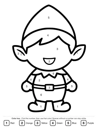 Black and white line drawing of a smiling elf wearing a tall pointed hat, a collared shirt with a belt, and round shoes.