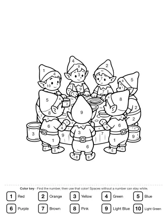 Line drawing of seven cartoon elves in pointed hats and belted tunics gathered around a round wooden table, with plates, mugs, and paint buckets nearby.
