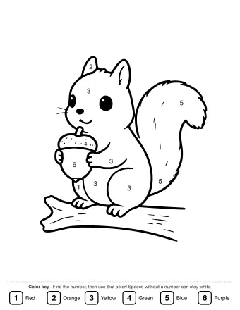 A cartoon squirrel sitting on a tree branch, holding an acorn in its front paws, with a large bushy tail curled behind it.