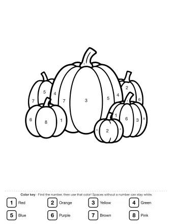 Black and white line drawing of a large pumpkin in the center with three smaller pumpkins of varying sizes arranged around it on the ground, each with a curved stem.