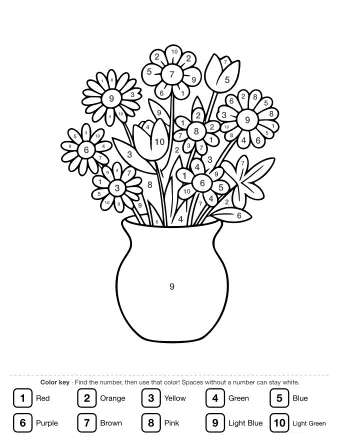 Black and white line drawing of a vase holding a loose bouquet of wildflowers, including daisies with round centers and tulips with pointed petals, surrounded by long leaves.