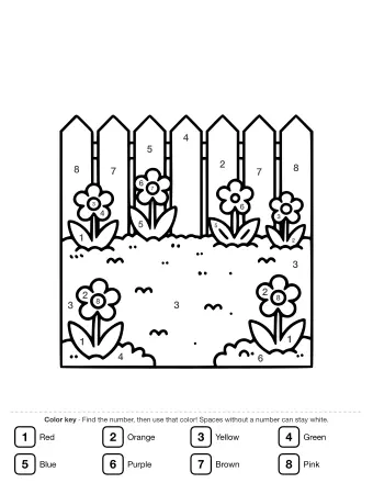 Black and white line drawing of a garden scene featuring a white picket fence, a dirt path with small stones, and several daisy-like flowers growing in the soil.