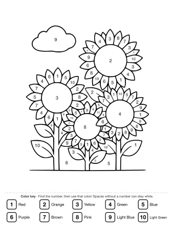 Line drawing of three sunflowers of different sizes with green leaves and stems, set against a blue sky with one white cloud.