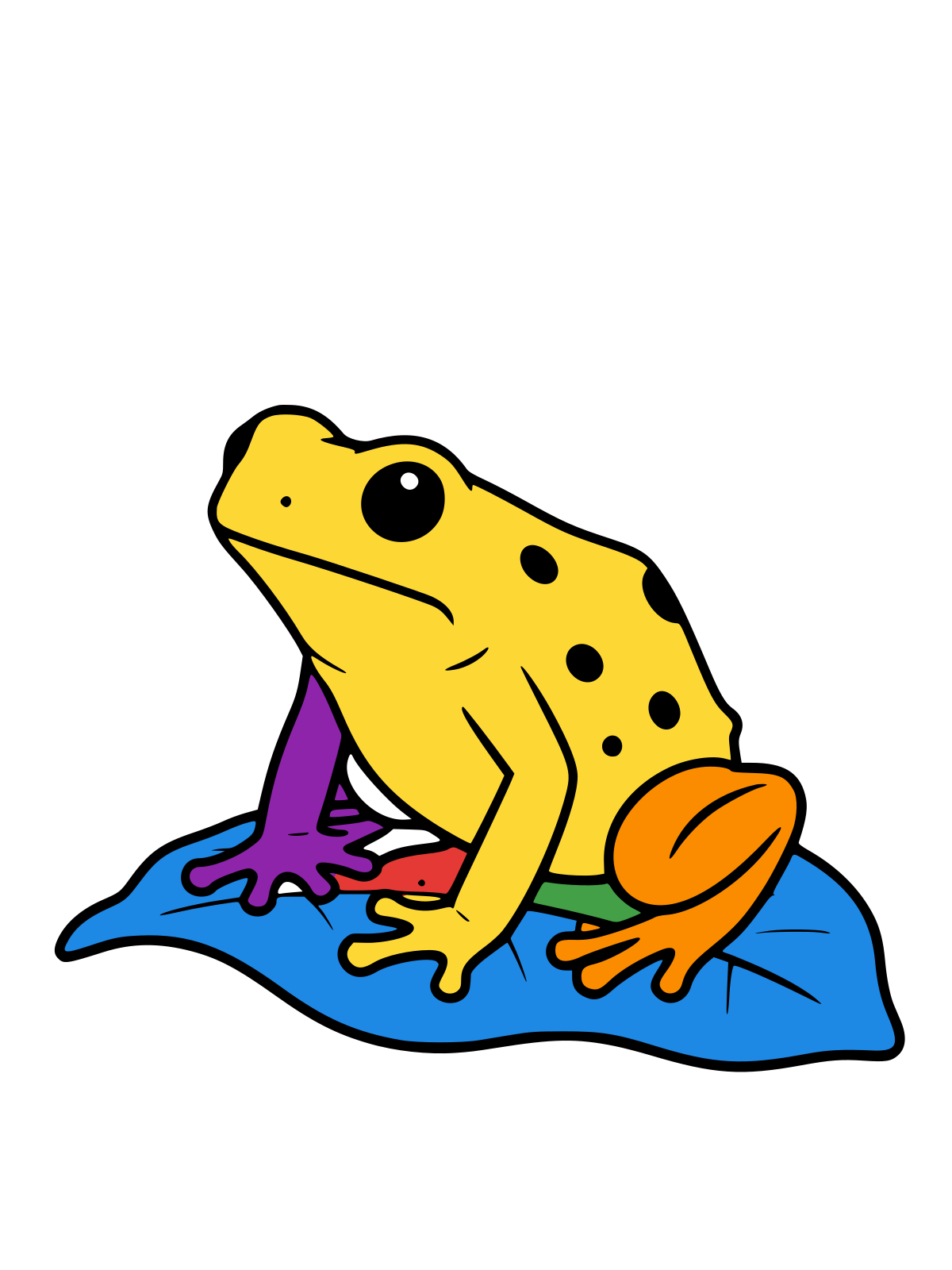 Black-and-white line drawing of a small spotted dart frog sitting on a large leaf, with its front legs visible and a curled tail.