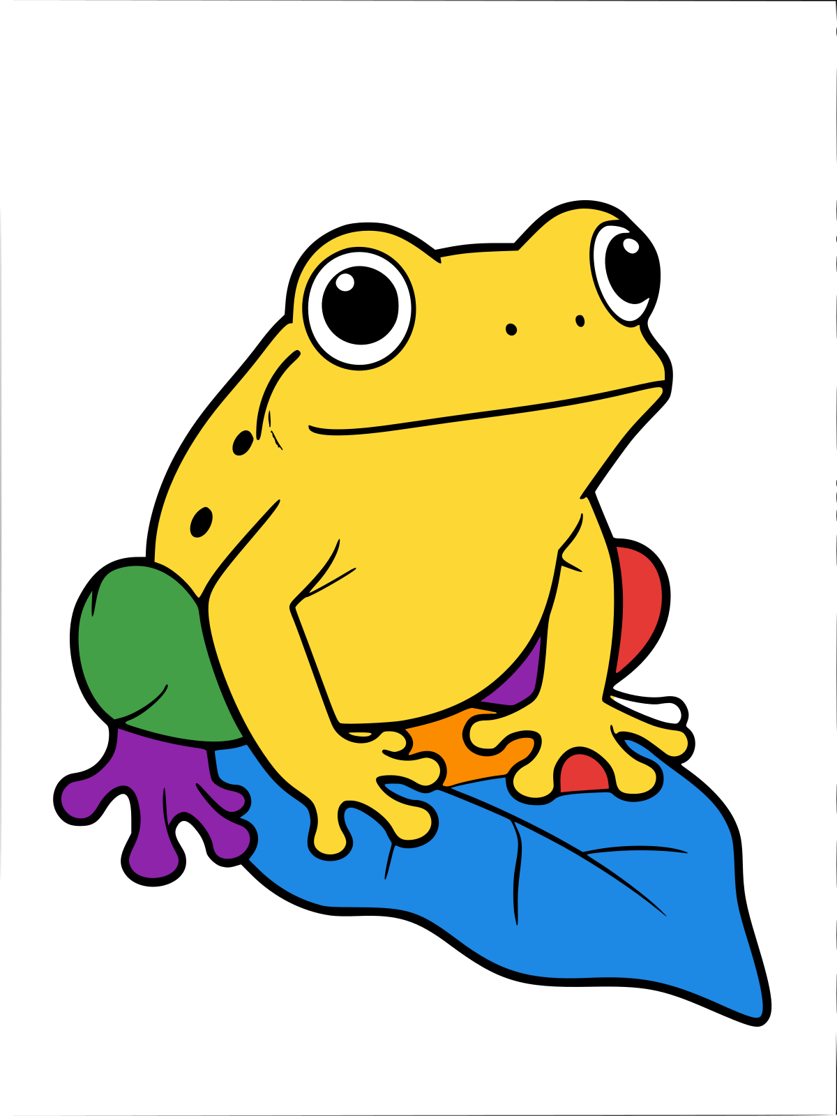 Black-and-white line drawing of a smiling tree frog clinging to a large leaf, with round toe pads and big eyes.