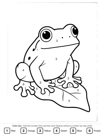 Black-and-white line drawing of a smiling tree frog clinging to a large leaf, with round toe pads and big eyes.