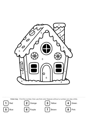 Black and white line drawing of a gingerbread house with a steep roof, a round window with a cross, two round candy windows, a chimney with wavy smoke, and scalloped icing along the roofline and base.