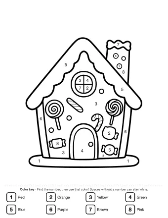 Black-and-white line drawing of a gingerbread house with a round window, arched door, candy canes, lollipops, gumdrops, and a candy chimney.