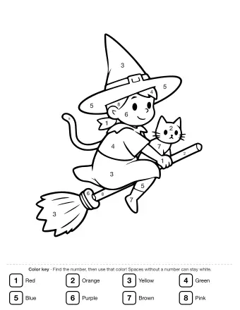 Line drawing of a smiling cartoon witch in a pointed hat riding a broomstick, with a small black cat perched on her shoulder.