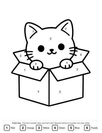 Black-and-white line drawing of a kitten with pointed ears and whiskers peeking out of an open cardboard box, with its front paws resting on the box edges.