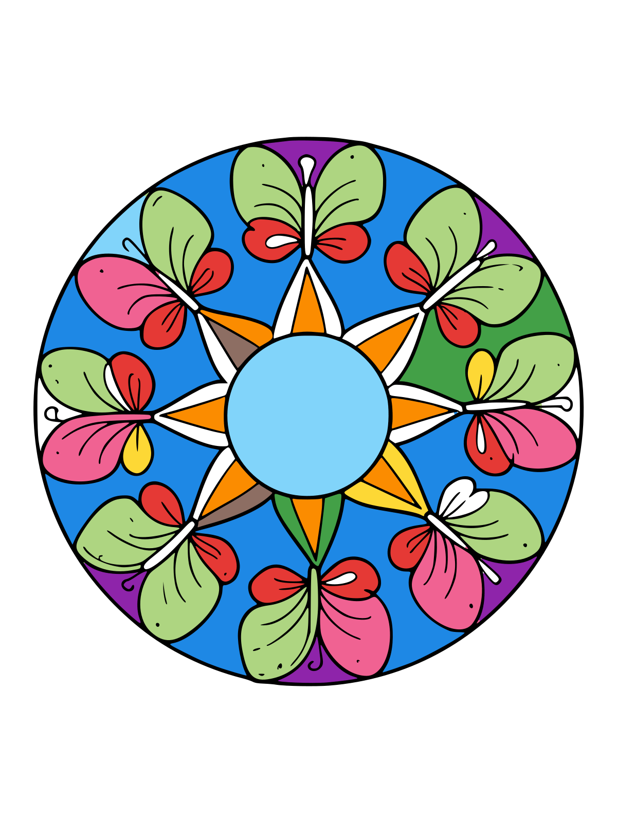 Black-and-white line drawing of a circular mandala with eight butterfly wings arranged symmetrically around a central circle.