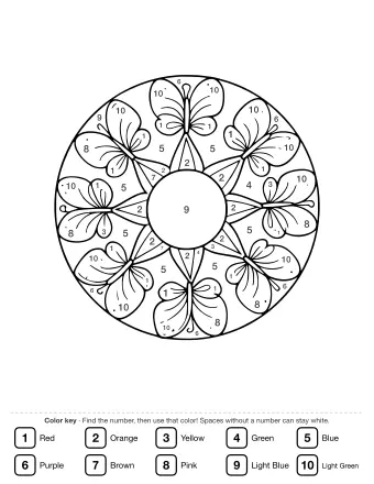 Black-and-white line drawing of a circular mandala with eight butterfly wings arranged symmetrically around a central circle.