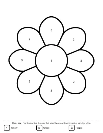 Black and white line drawing of a simple mandala with a central circle and seven large, rounded petals radiating outward.
