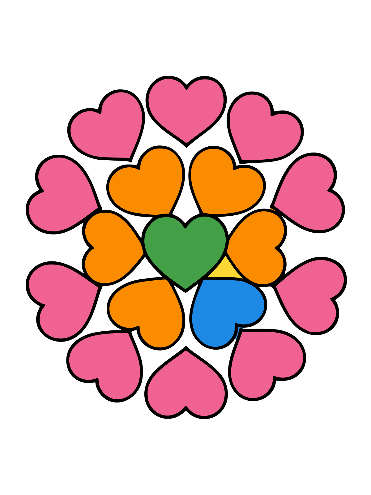 Black-and-white line drawing of a circular mandala made of overlapping heart shapes arranged in two rings around a central heart.