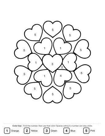 Black-and-white line drawing of a circular mandala made of overlapping heart shapes arranged in two rings around a central heart.