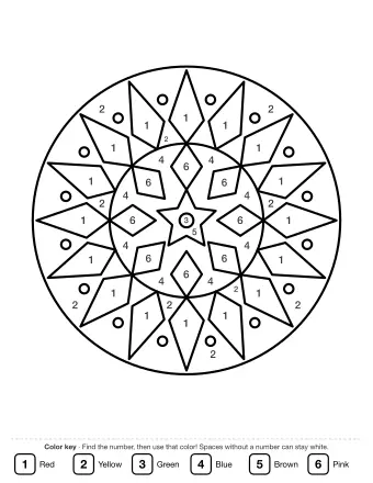 Circular geometric mandala with a five-point star in the center, eight diamonds and sixteen outer star points with small circles between them