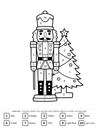 Black and white line drawing of a classic nutcracker soldier in a tall hat and uniform standing next to a small Christmas tree with round ornaments and a star on top.