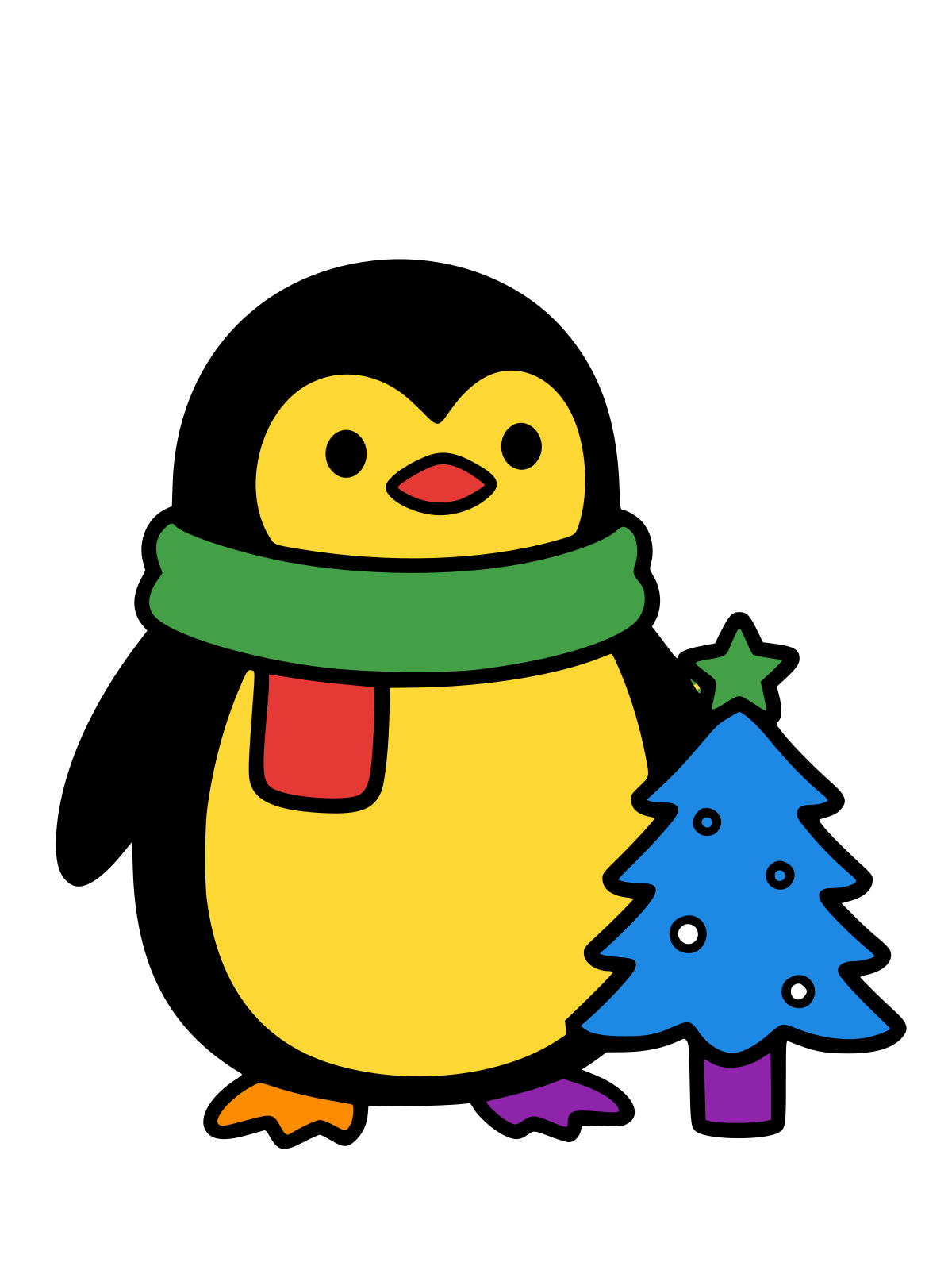 Black and white line drawing of a penguin wearing a scarf, standing next to a small decorated evergreen tree with a star on top.